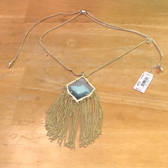 Kendra Scott Kingston Gold Tone Long Pendant Necklace Slate Cats Eye NWT - Picture 3 of 12